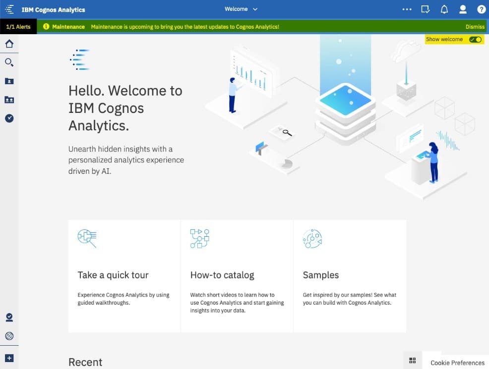 Redesigned welcome page for better user experience in Cognos Analytics 