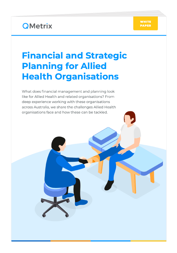 Financial and strategic planning for allied health organisations whitepaper cover, with illustration of allied health professional at work