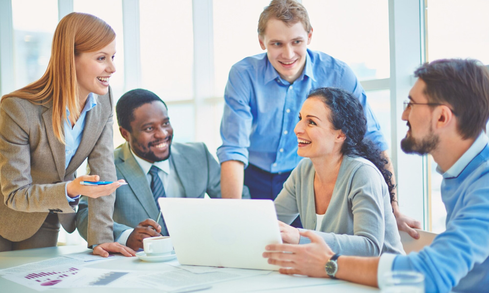 Group of office people meeting, smiling and talking