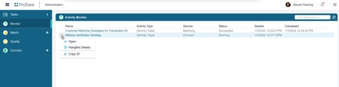 A dashboard screen shows an activity monitor with tasks listed, including status, start, and completion times. One task is running as part of a Profisee release, while another task is screened.