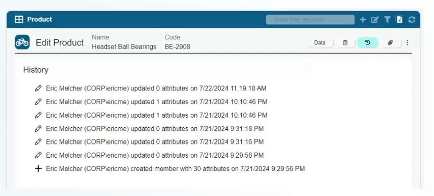 A product edit screen in the Profisee release shows the history of updates made to "Headset Ball Bearings," with timestamps and actions by Eric Melcher.