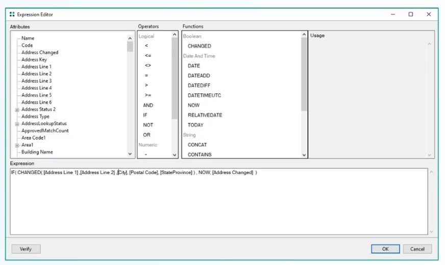 Screenshot of the Expression Editor window from a Profisee release, displaying attributes, operators, and functions, with an address change detection expression entered in the Expression field at the bottom.