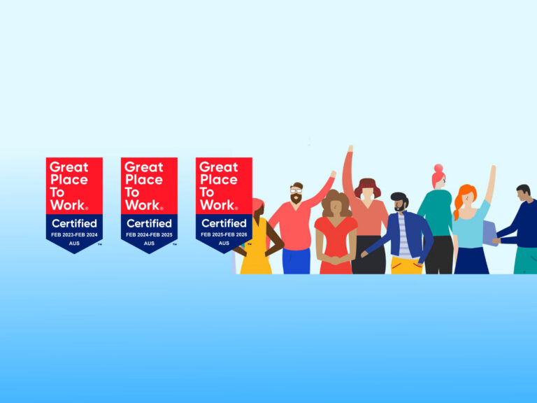 Great Place to Work badges 2023, 2024, 2025 with people celebrating