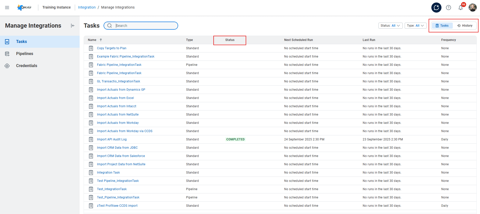 Tasks and Task Runs in Adaptive Planning Integration