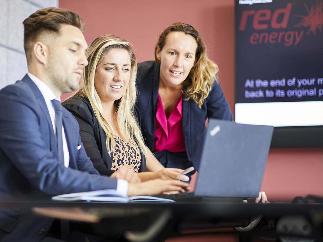 Red Energy team looking over laptop