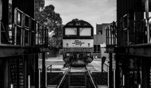 SCT Logistics train front on photo in black and white