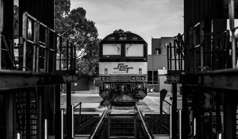 SCT Logistics train front on photo in black and white