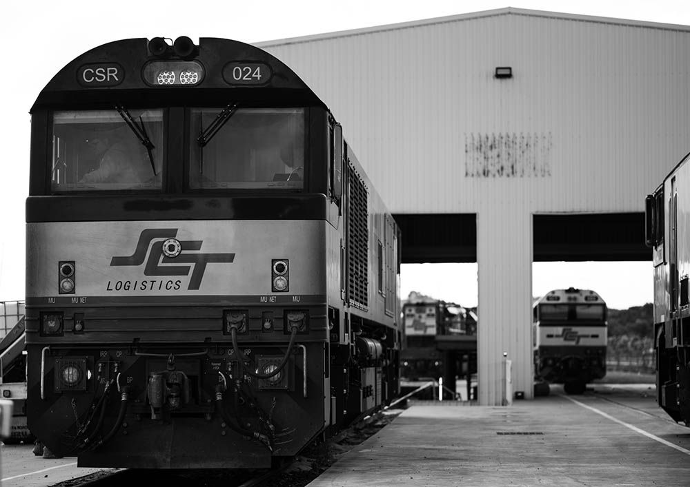 SCT Logistics train side on photo in black and white