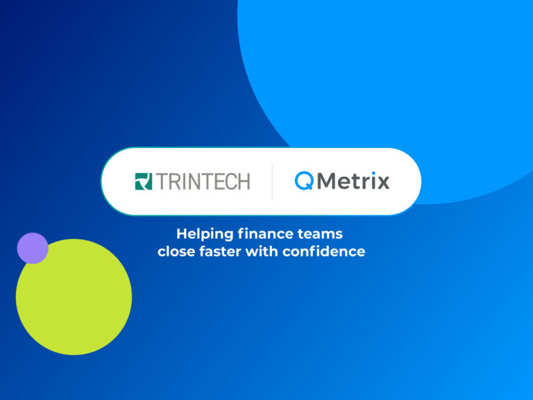 Logos of QMetrix and Trintech above the text "Helping finance teams close faster with confidence"