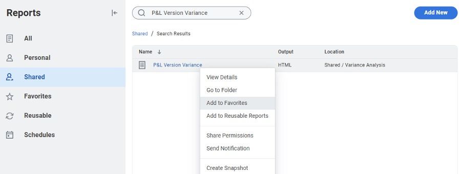 right click on the report and select Add to Favourites