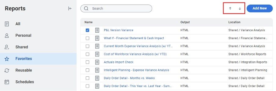 reorder favourites reports adaptive planning