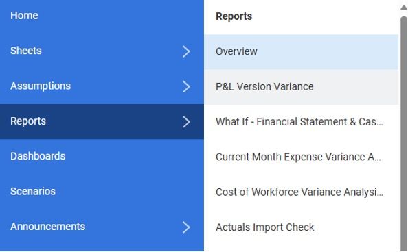 Reports list from the Navigation Menu