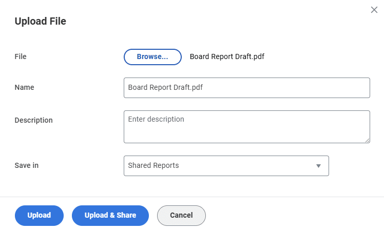 Select the file from your local or shared drive and choose the folder (or subfolder) in which you would like to save it