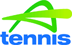 Logo with a green abstract shape above the word “tennis” in bold blue lowercase letters.