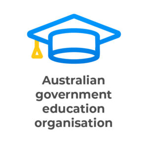 Blue and yellow graduation cap icon above the words "Australian government education organisation" in bold grey text, representing a Syllabus for success in government education.