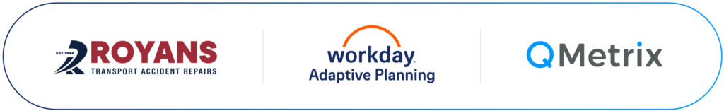 Royans-Workday-QMetrix-logos Logos for Royans Transport Accident Repairs, Workday Adaptive Planning, and QMetrix