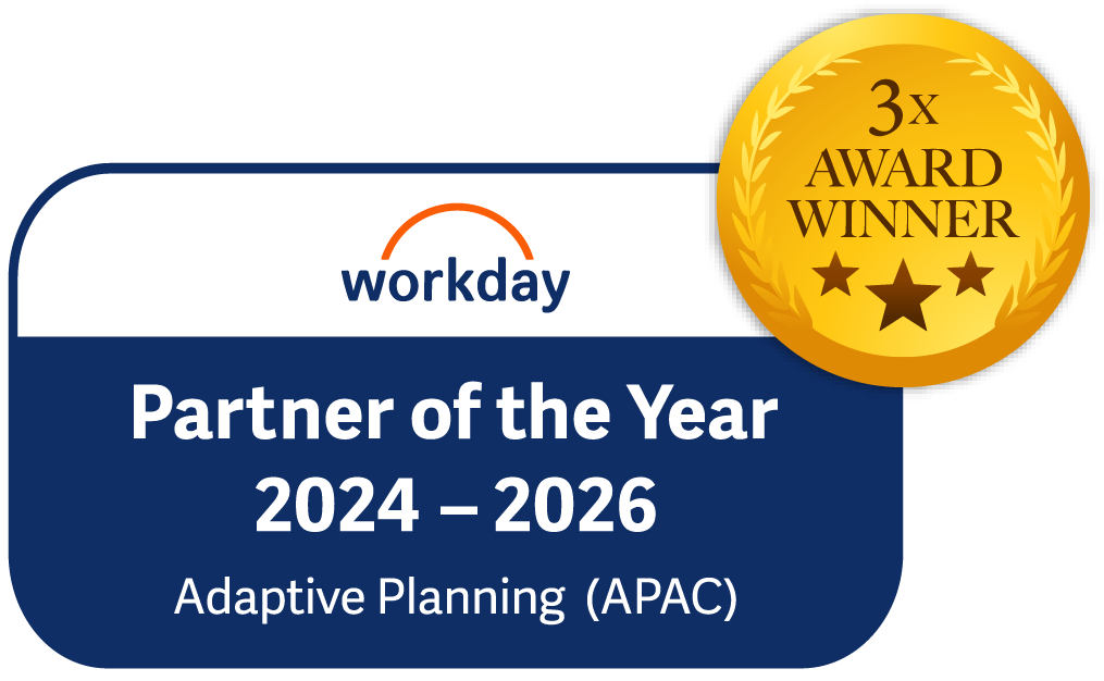 Workday Partner of the Year 2024–2026 for Workday Adaptive Planning (APAC) badge with 3x Award Winner logo
