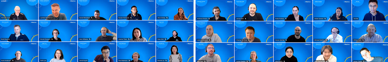 qmetrix-meeting-teams-call A grid of people in virtual meeting windows, each with a blue background and name tag, collaborating in an online conference—a snapshot of a great place to work in the digital age.