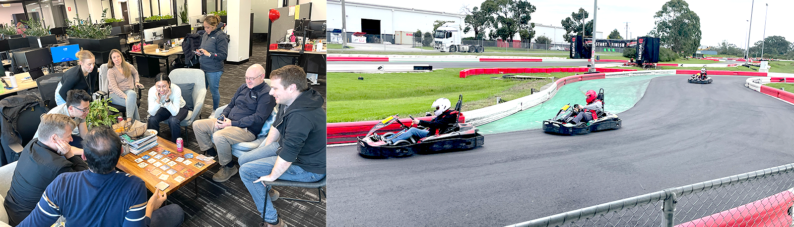 qmetrix-team-activites-office-gokart Collage with QMetrix team playing games in office and outside gokarting