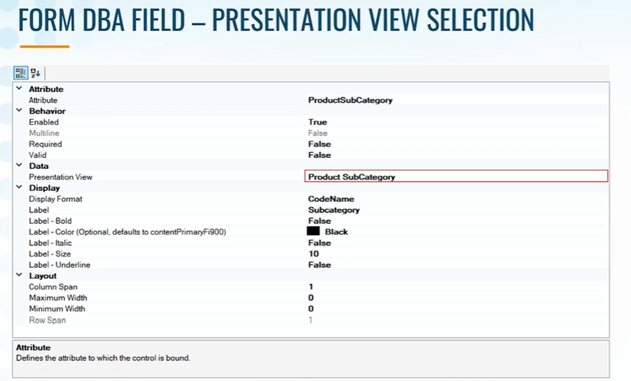 Screenshot of a software interface from Profisee 2023 releases displaying the configuration options for a form field named "ProductSubCategory" under "Presentation View Selection".