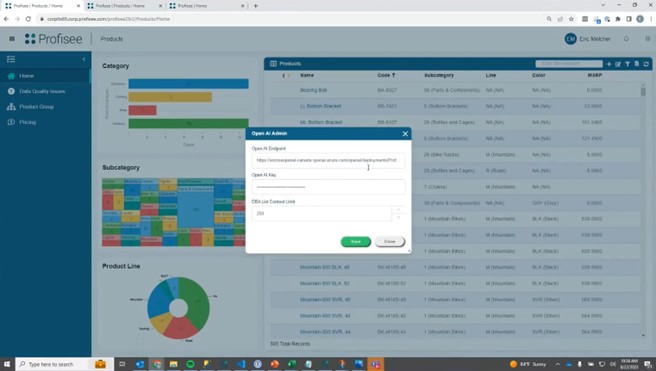 A computer screen displays a data management dashboard with charts, tables, and an "Open API Action" settings pop-up in the centre, showcasing features from the latest Profisee release.