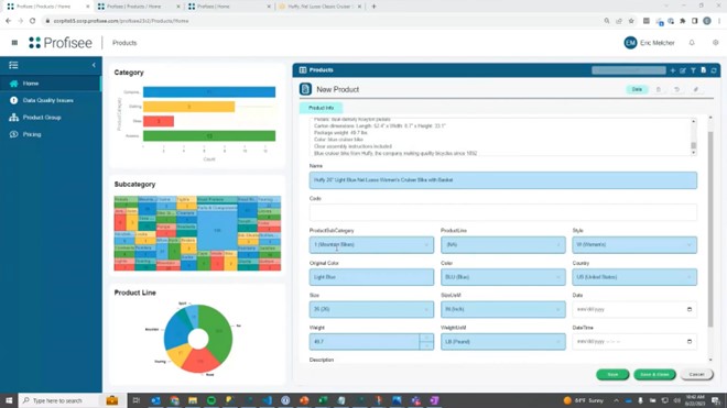 Screenshot of a data management software interface from the latest Profisee release, featuring product entry fields, category and subcategory charts, and a pie chart for product lines.