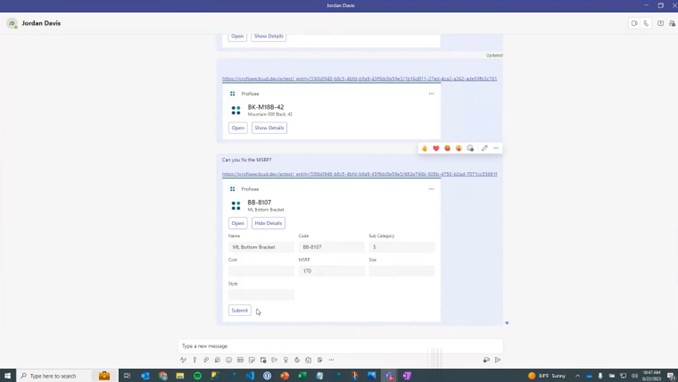 A Microsoft Teams chat window displays messages about bracket part numbers, including BB-MIB-42 and BB-B37, along with Profisee release details and a visible "Submit" button.