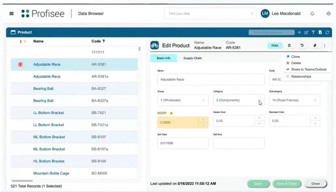 A software interface in the Profisee release displays a product database; the left panel lists product names and codes, whilst the right panel shows editable details for "Adjustable Race" under "Edit Product.