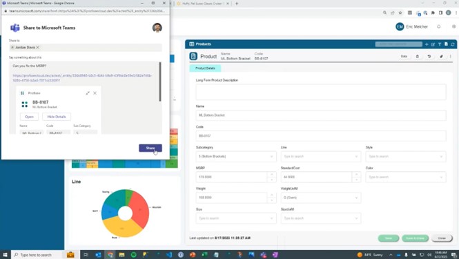 A computer screen displays a Microsoft Teams sharing window over an open web page showing a product details form and a pie chart, highlighting features from the latest Profisee release.