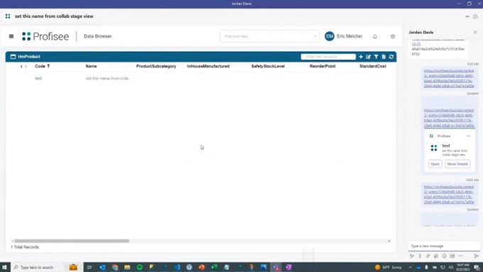 A software interface displaying a data browser with a product table, user profile options at the top, and a chat panel on the right-hand side, highlighting features from the latest Profisee release.