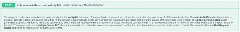 API documentation snippet for creating records—covers required and optional parameters, error responses, and expected status codes—updated to reflect Profisee 2023 releases enhancements.