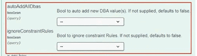 Screenshot of two boolean query options, "autoAddAllDbs" and "ignoreConstraintRules," each with a dropdown menu and descriptions of their default behaviours in Profisee 2023 releases.