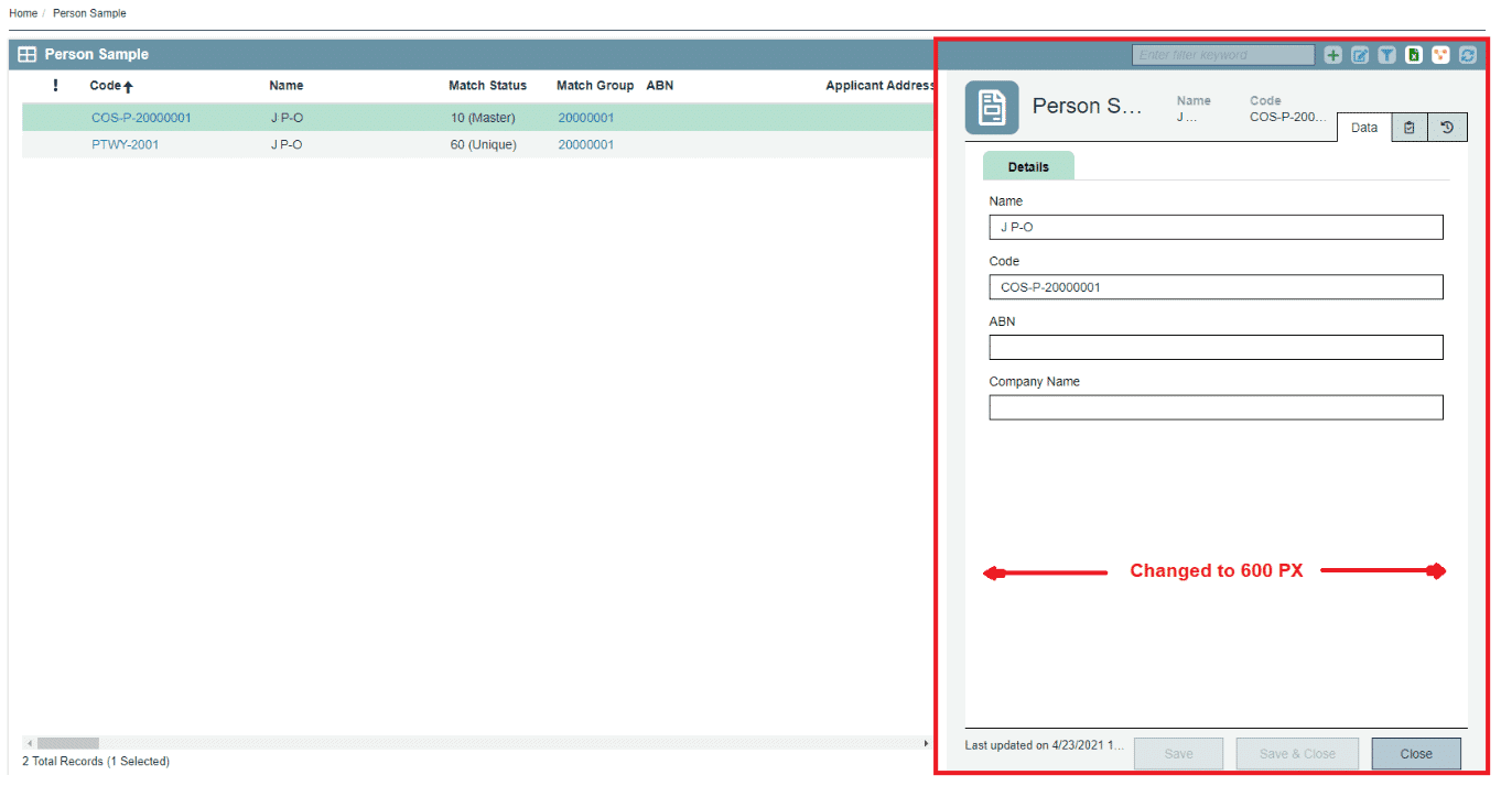 A software interface, inspired by Profisee 2022 releases, displays a person sample list on the left and a details panel on the right, with a red arrow indicating the panel width changed to 600 px.