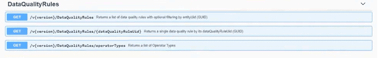 API documentation section titled "DataQualityRules"—showcasing three GET endpoints with descriptions for retrieving data quality rules and operator types, updated to align with Profisee 2023 releases.