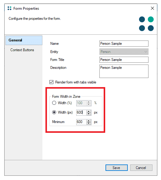 Form Properties window displaying general settings for a form, including options to set form width by percentage or pixels—reflecting updates in Profisee 2022 releases—with width values set to 600 px.