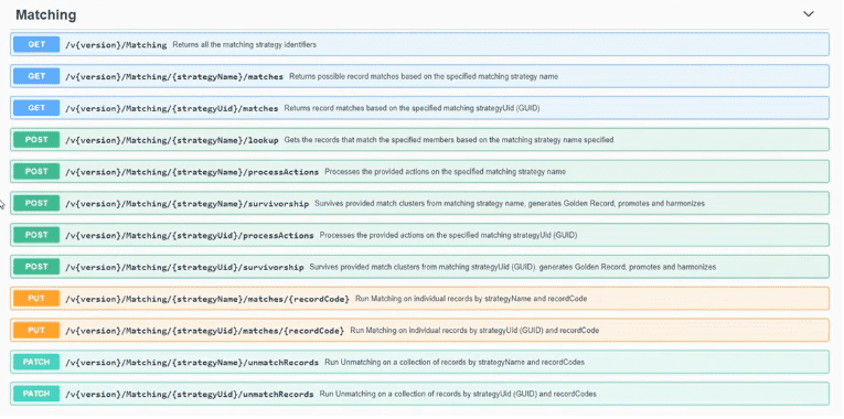API documentation table showing various matching endpoints with methods (GET, POST, PUT, DELETE), endpoint paths, and brief descriptions of each endpoint’s function for managing Profisee 2023 releases.