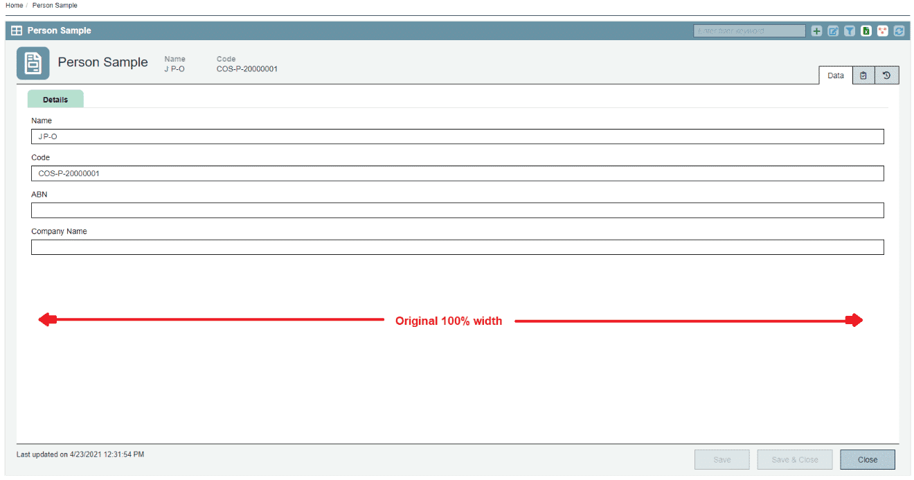 A software interface in Profisee 2022 releases displays a "Person Sample" form with fields for Name, Code, ABN, and Company Name, and a red arrow labelled "Original 100% width" spanning the form’s width.