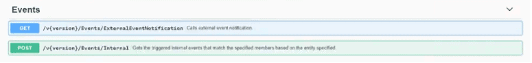 API documentation section showing two endpoints under "Events": a GET request for retrieving channel events notifications and a POST request for querying channel events by specific criteria, updated for Profisee 2023 releases.