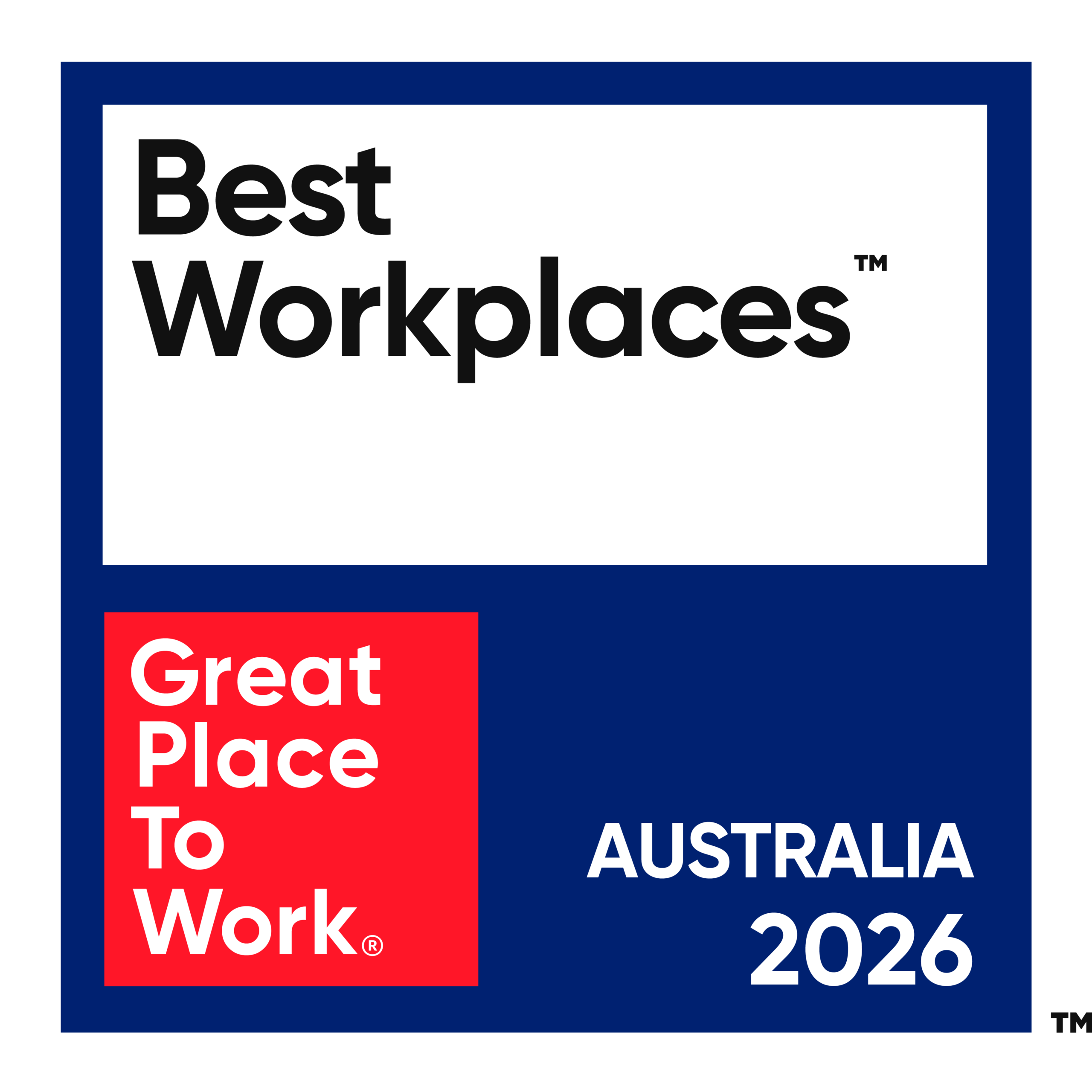 Square logo with text: “Best Workplaces. Great Place To Work. Australia 2026.”